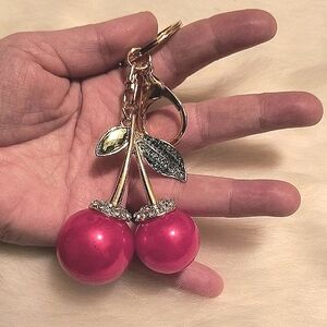 Red Cherry Keychain On 18K Gold Plated Stainless Steel. New
